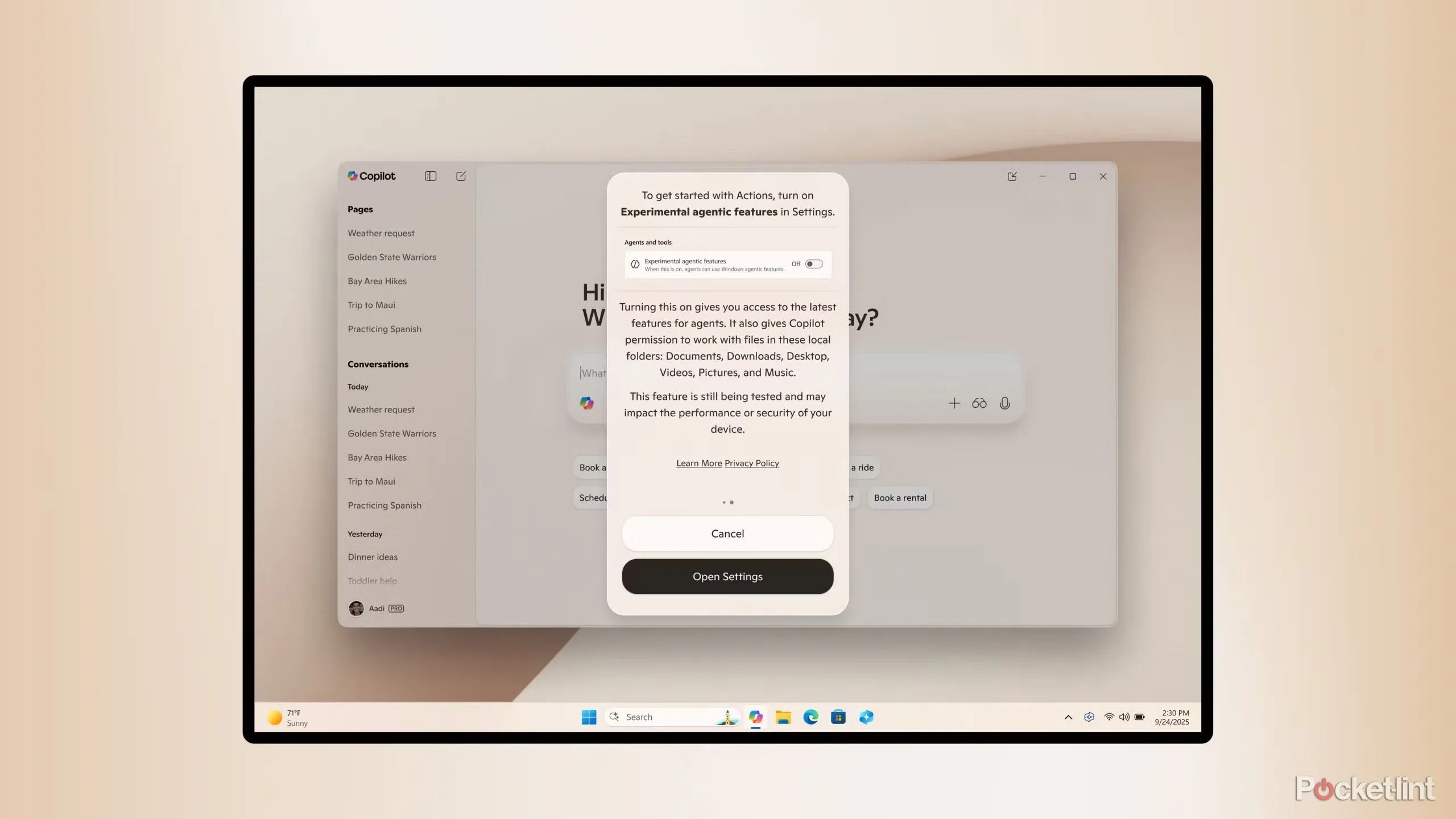 Giao diện tính năng Copilot và tùy chọn hành động trong Windows 11, minh họa tính năng AI tích hợp