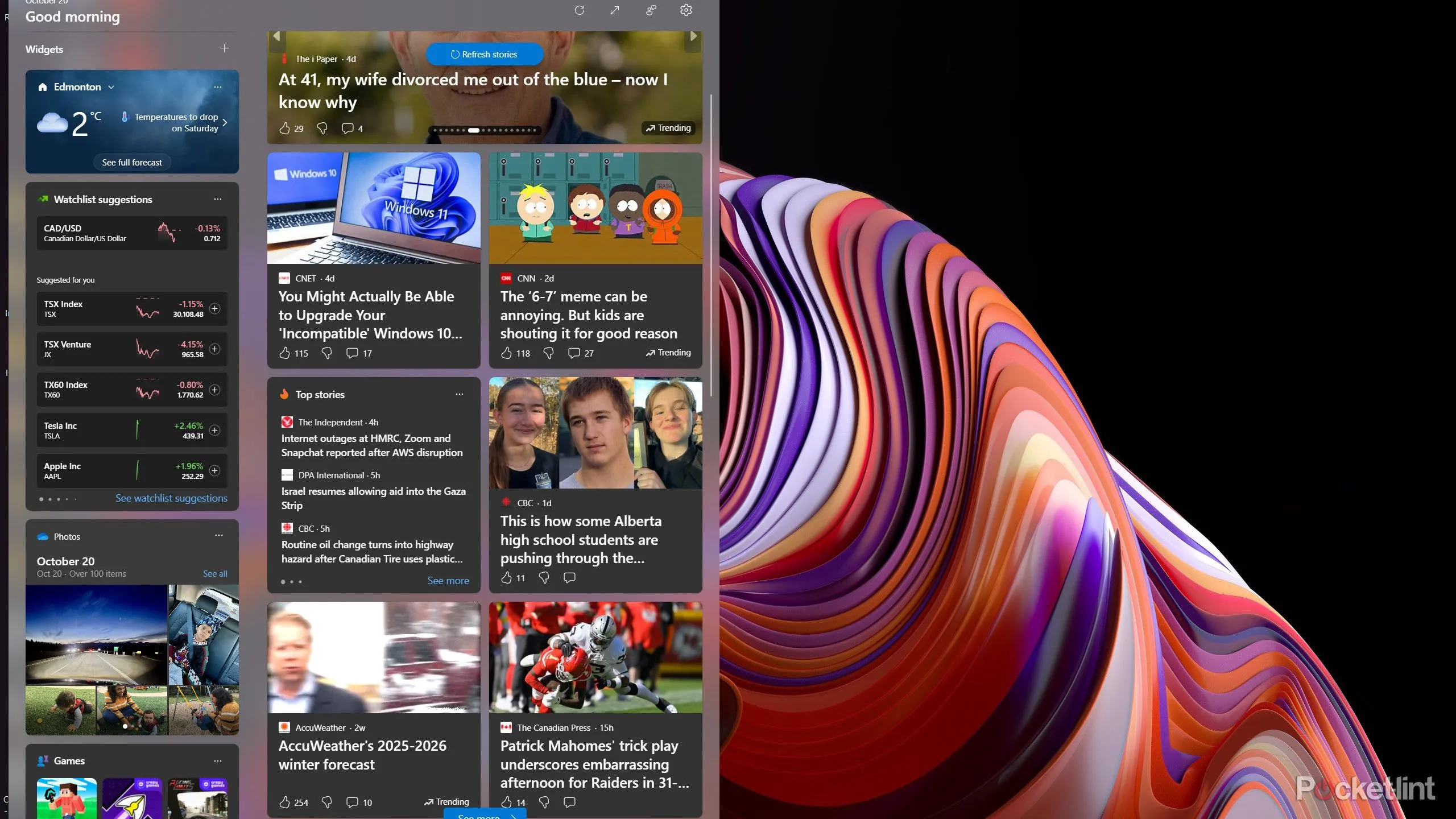 Giao diện Widgets của Windows 11, hiển thị ô thông tin và gợi ý tin tức trên panel
