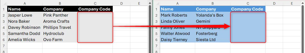 Hai sheet Excel, mỗi sheet chứa danh sách và ô nhập mã công ty (tương tự mã thành viên).