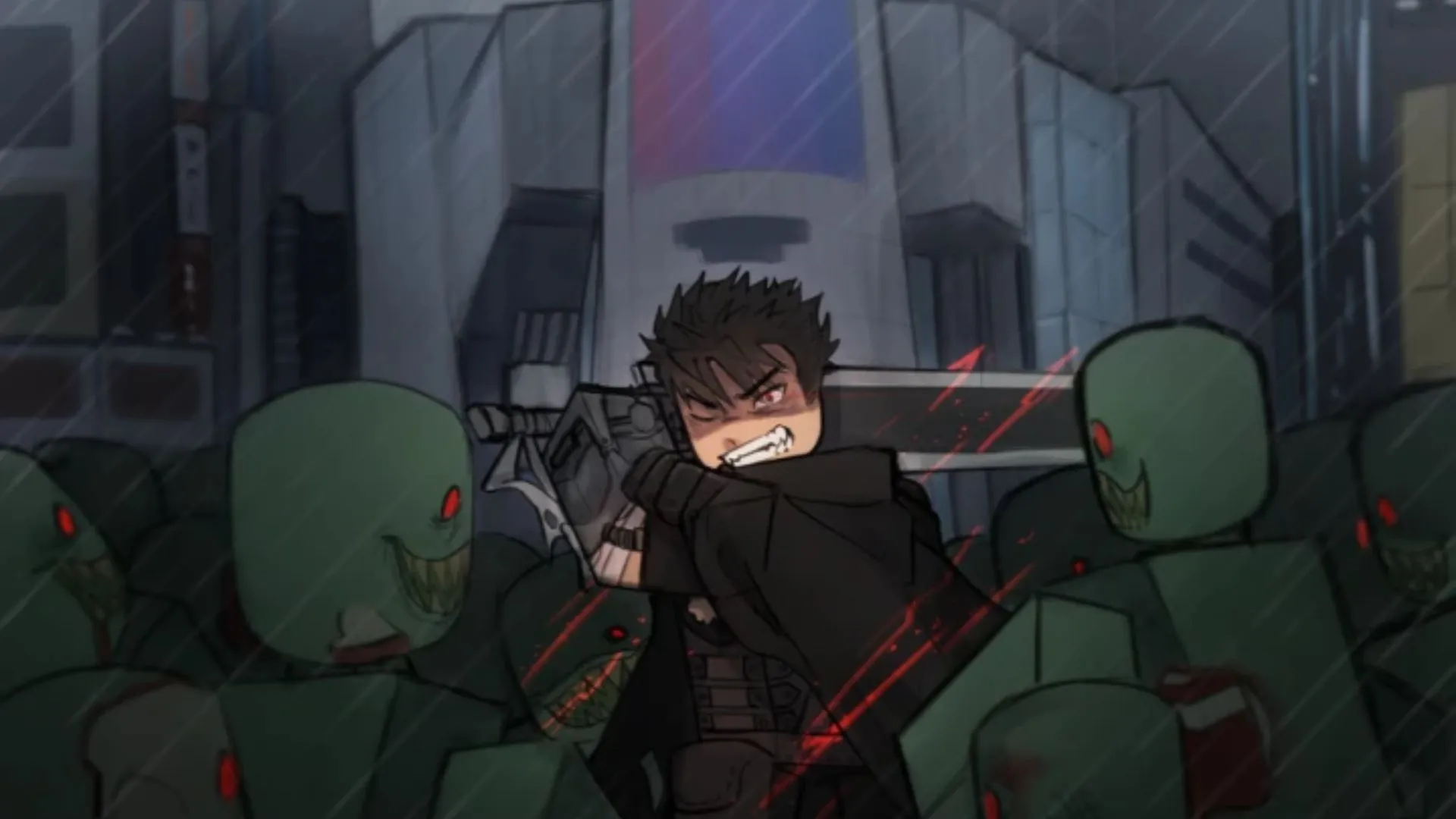 Hình ảnh nhân vật đang chiến đấu trong Blade X Zombies, minh họa lợi ích của Cash khi nâng cấp vũ khí và trang bị