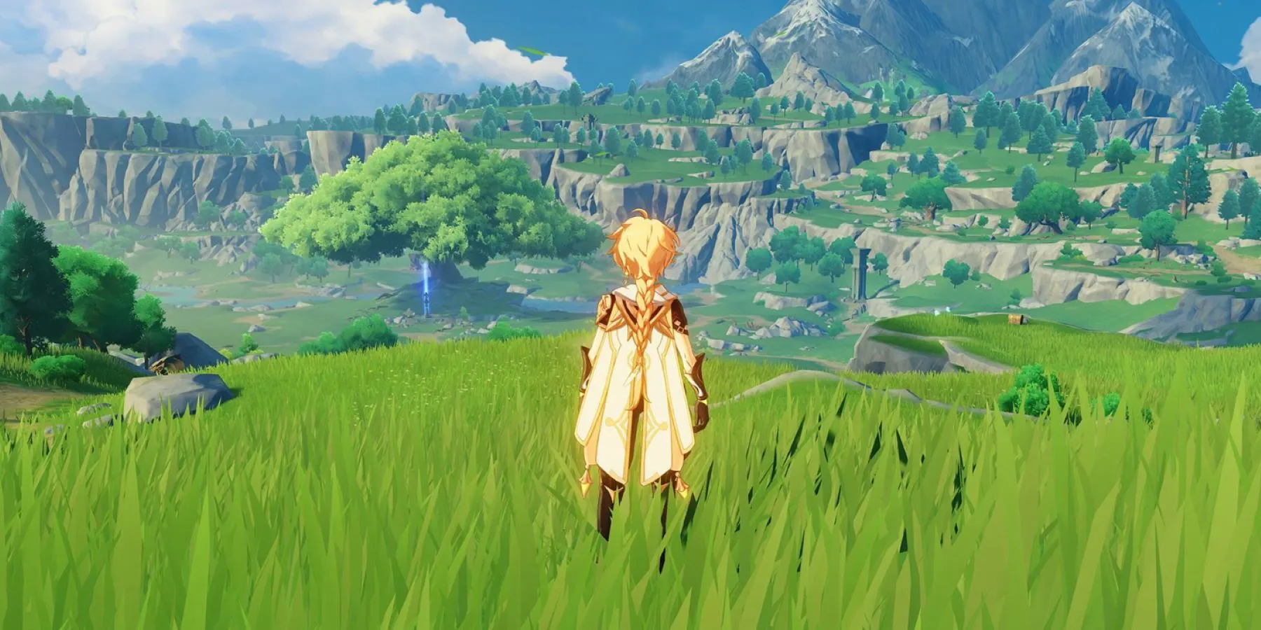 Hình ảnh Traveler nhìn ra Teyvat, biểu tượng cho hành trình khám phá cốt truyện liên vùng của Genshin Impact