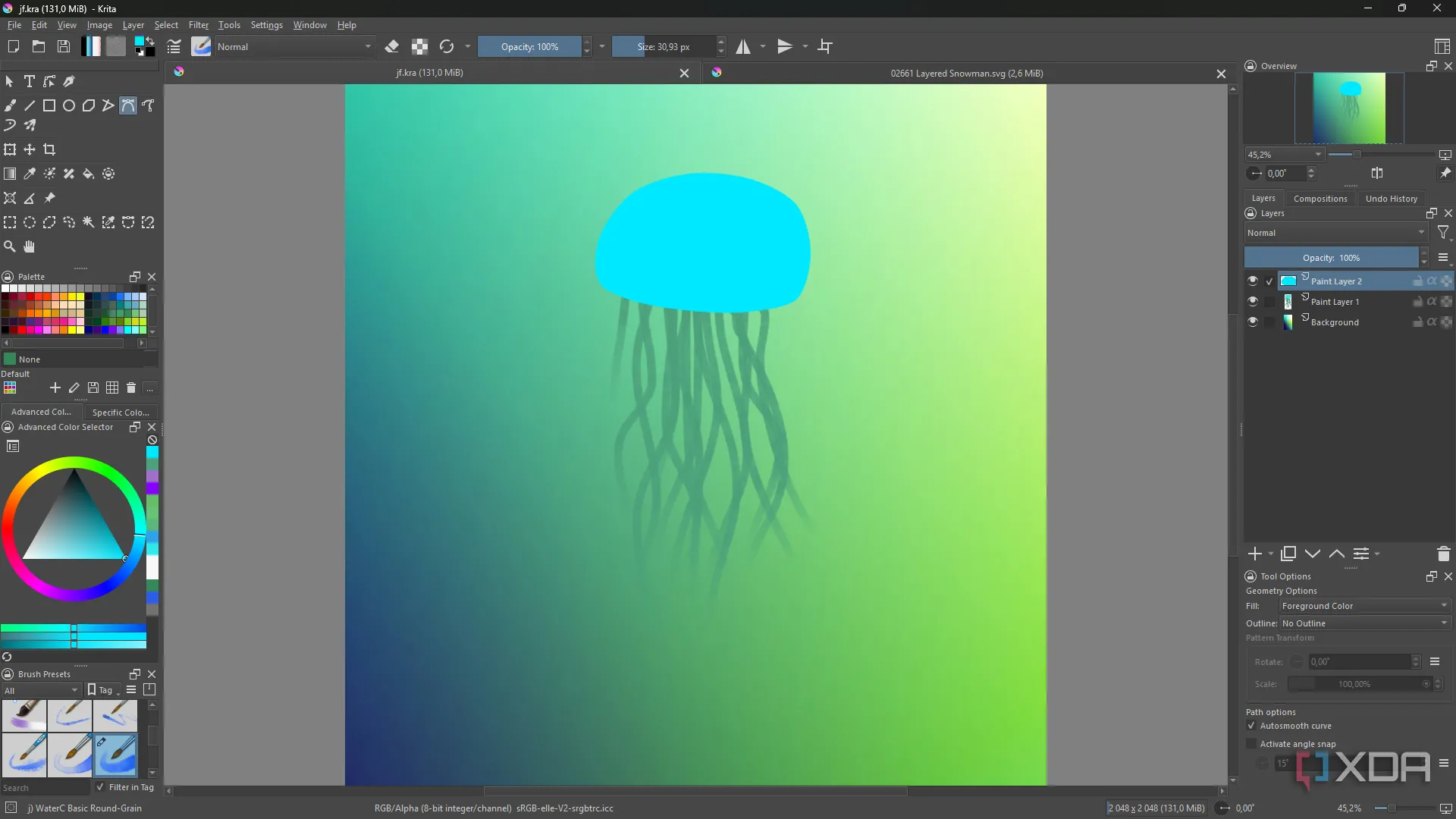 Hình sứa xử lý trong Krita minh họa lớp điều chỉnh và mặt nạ không phá hủy