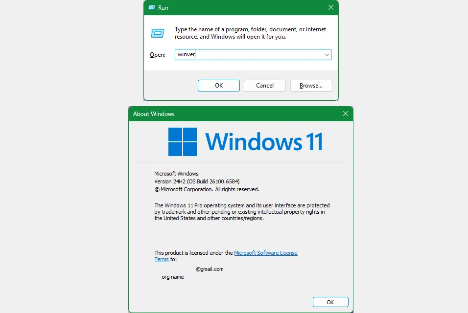 Hộp thoại Winver và lệnh Run minh họa cách kiểm tra phiên bản Windows một cách nhanh chóng