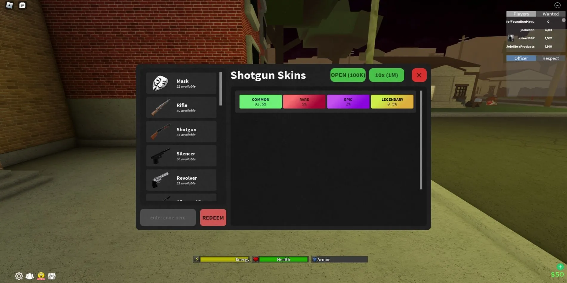 Hướng dẫn nhập mã Da Hood trong giao diện game Roblox