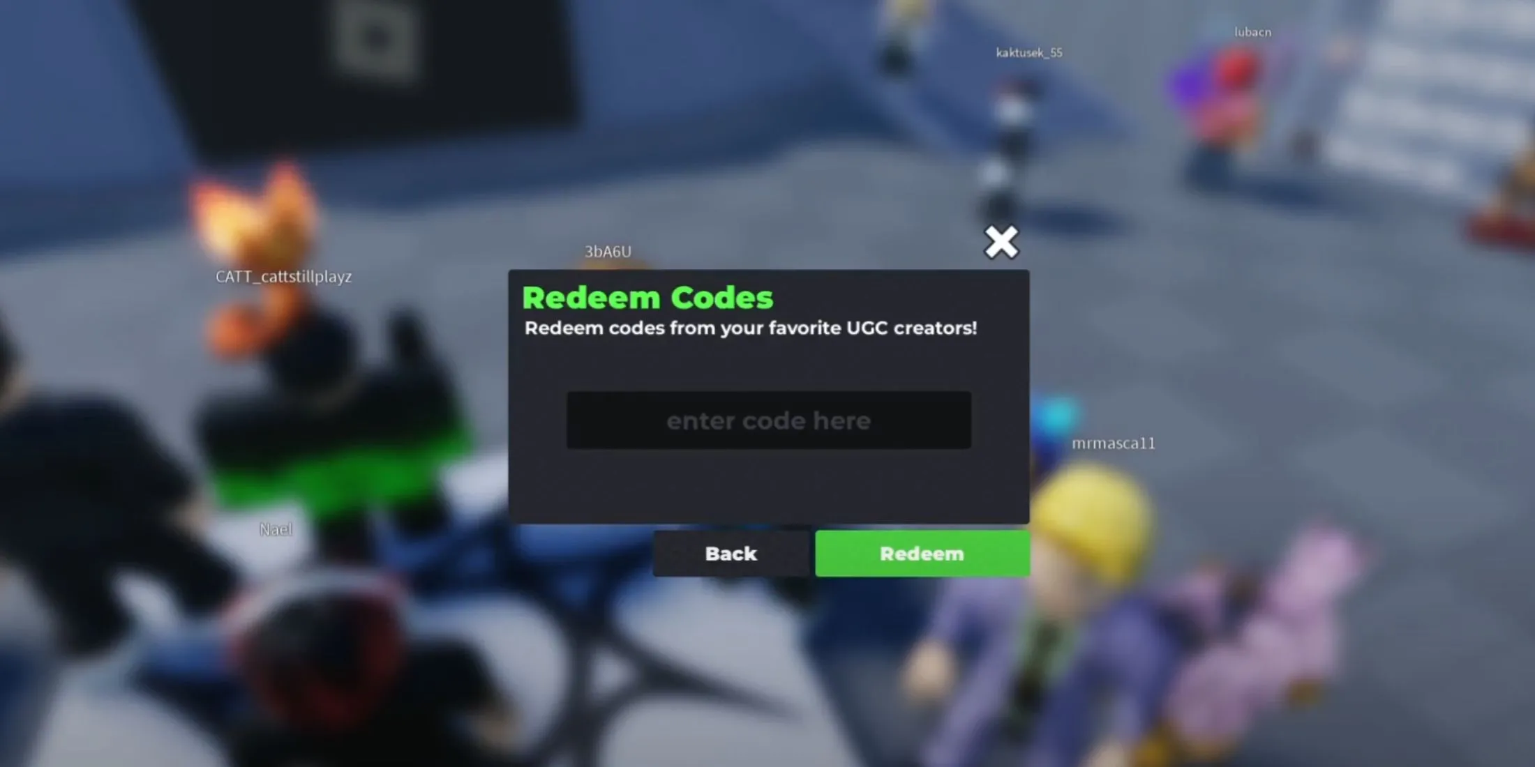Hướng dẫn nhập mã Flex UGC: ô Redeem trên giao diện game Roblox Flex UGC