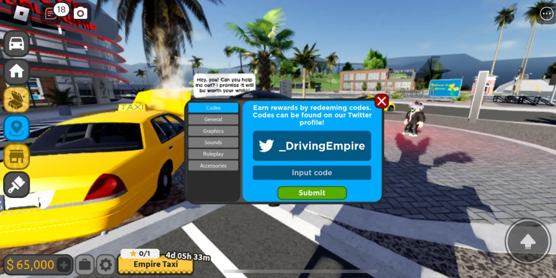 Hướng dẫn nhập mã trong Driving Empire trên Roblox