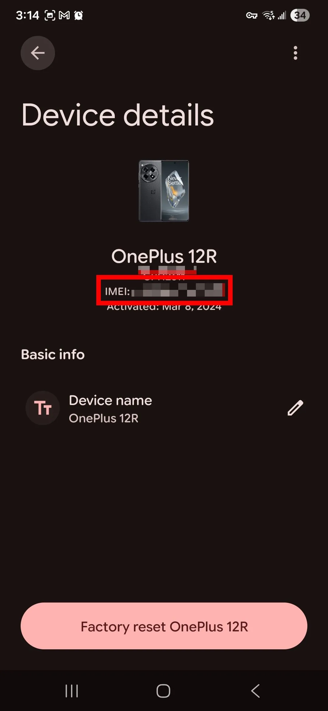IMEI hiển thị trong cài đặt thiết bị trên Google Find Hub