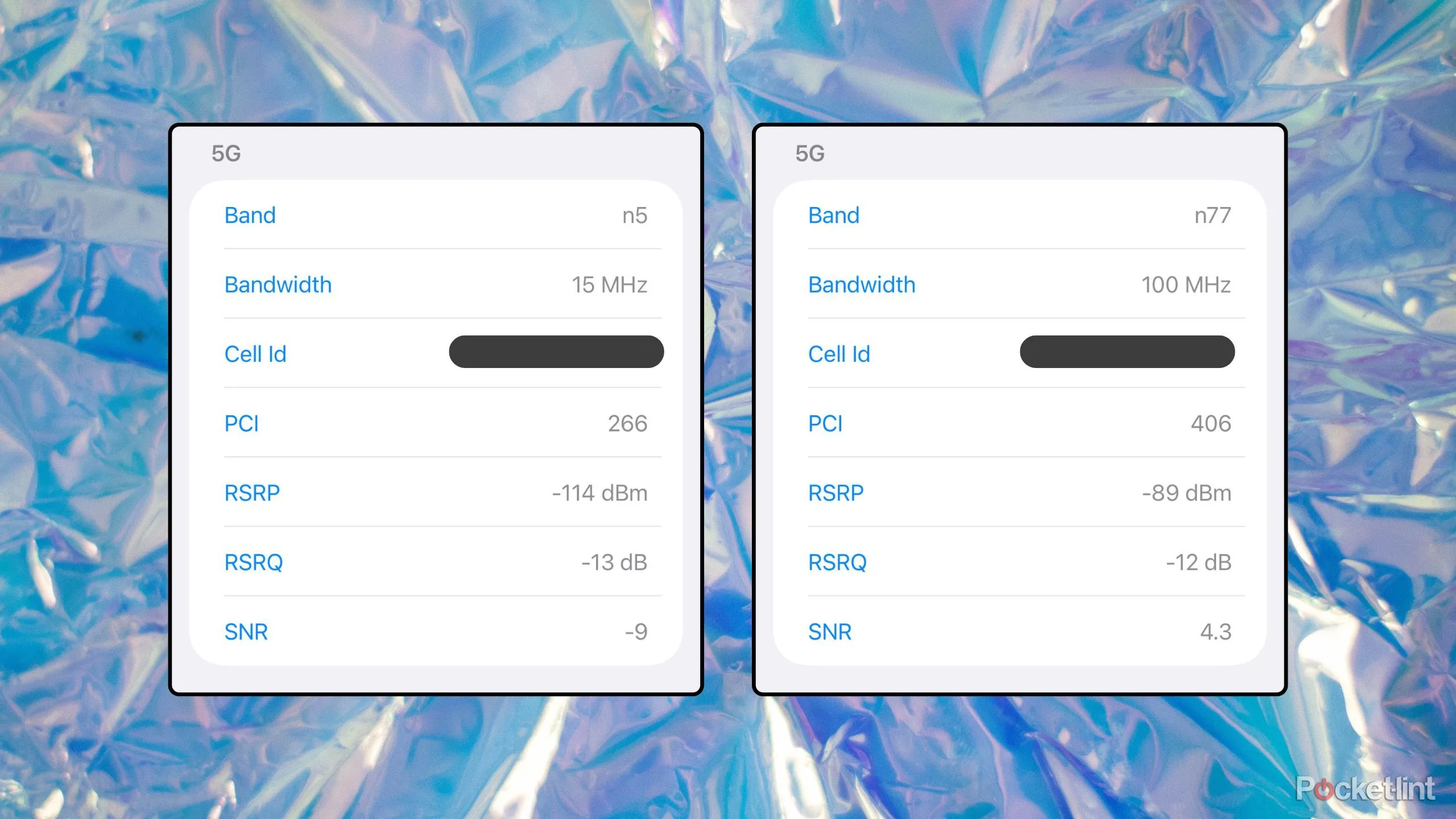 Kết quả Field Test Mode: so sánh RSRP, băng tần và băng thông trước/sau khi dùng dụng cụ.