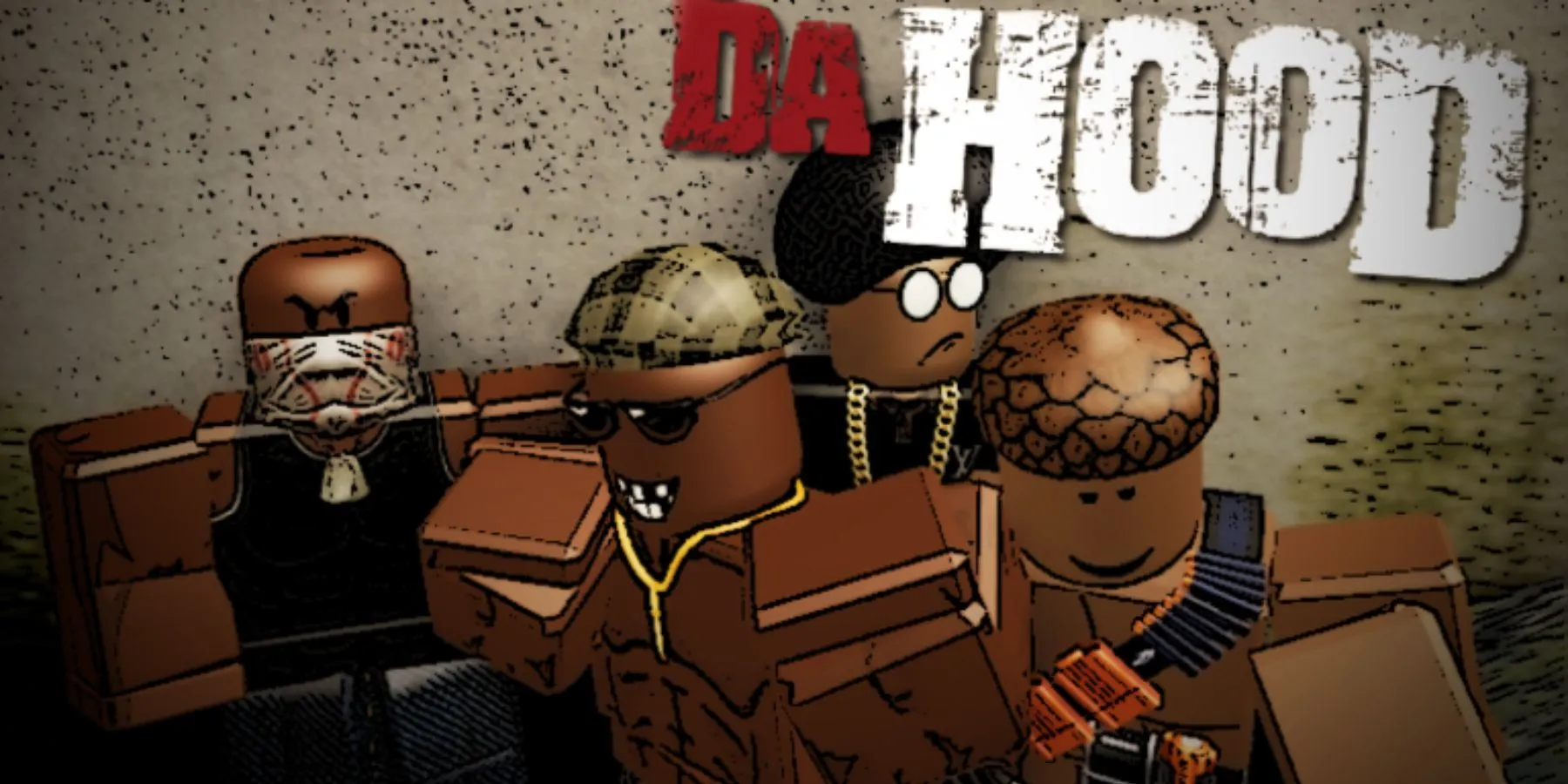 Lối chơi Da Hood với súng và xe trong môi trường phong cách gangster của Roblox