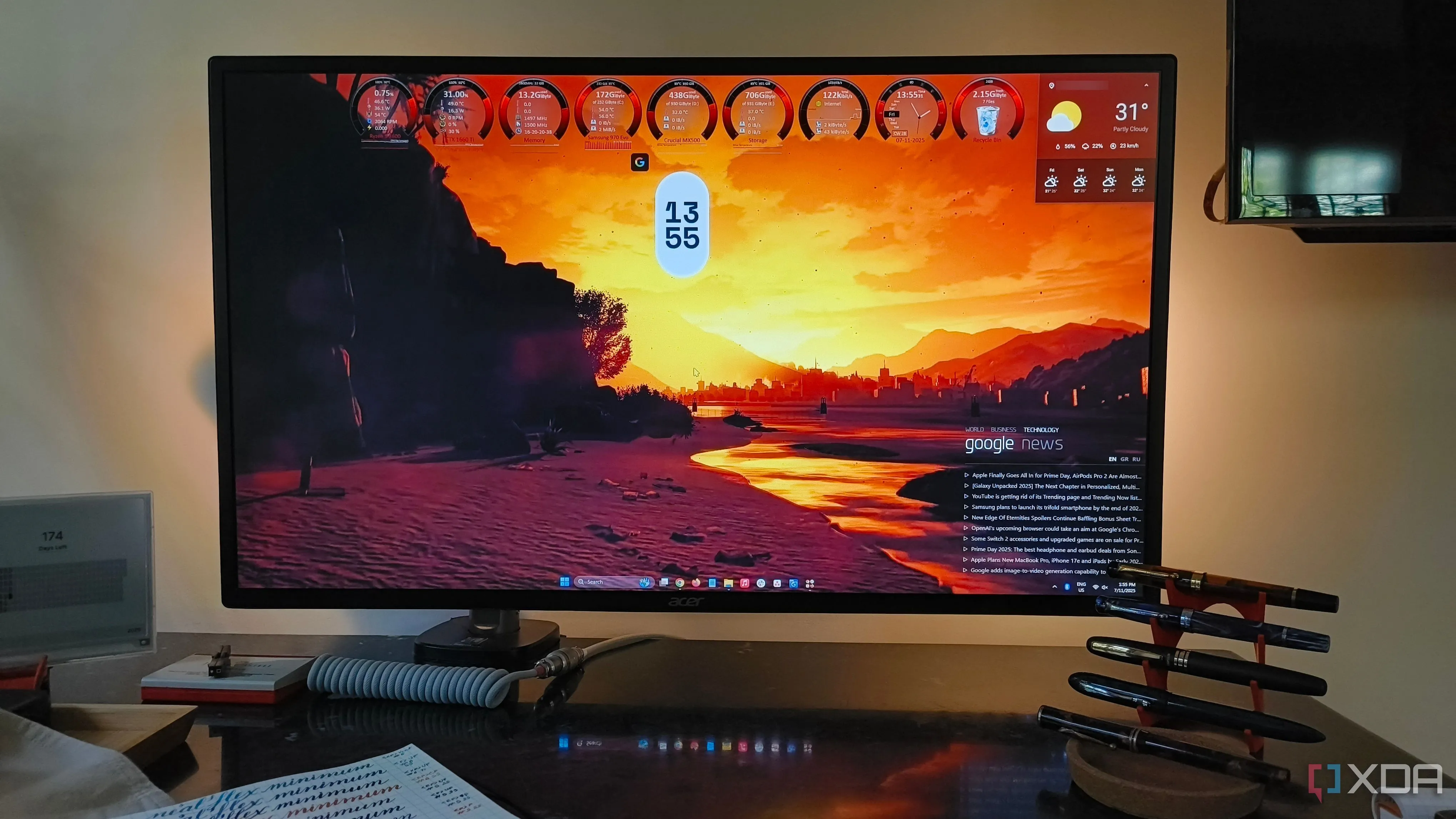 Màn hình desktop với nhiều skin Rainmeter hiển thị thông tin hệ thống và ghi chú