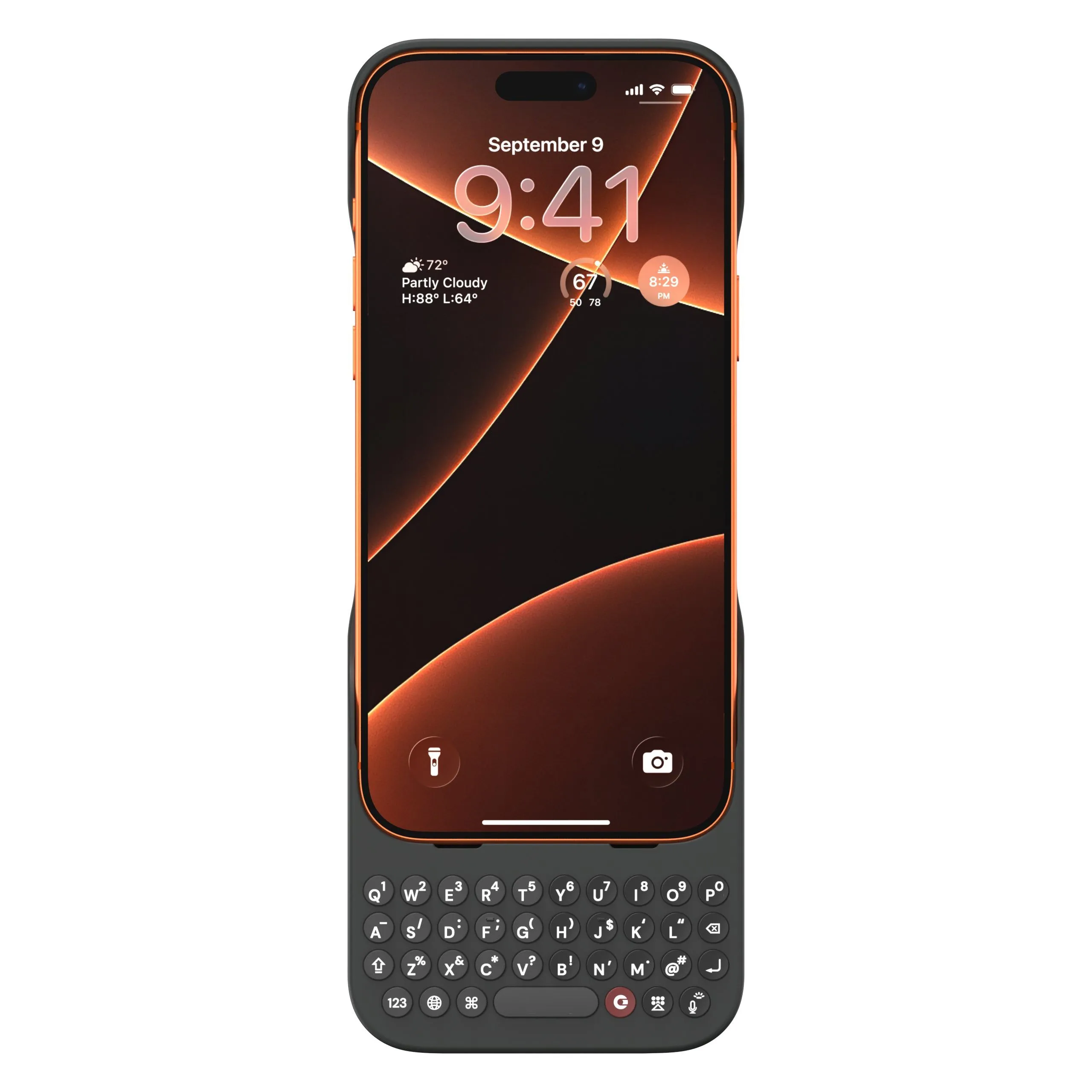 Mặt trước ốp Clicks cho iPhone 17 Pro màu Onyx, thể hiện thiết kế dài hơn và phím tích hợp.