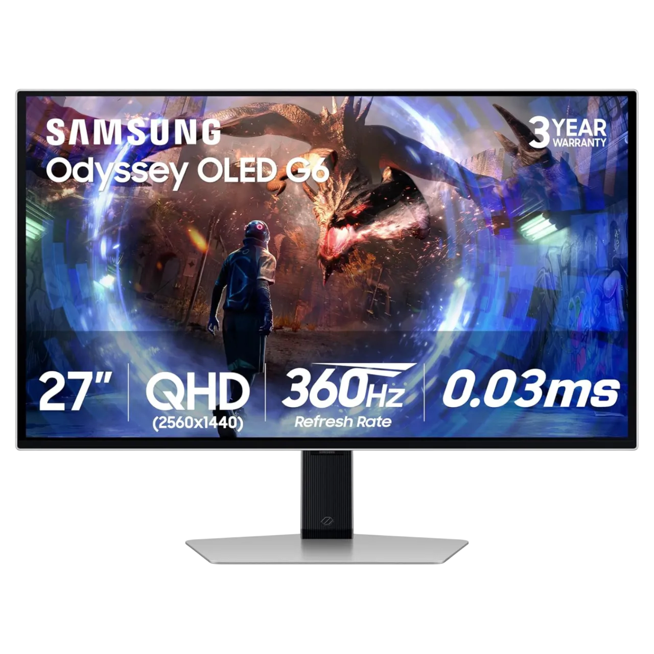 Mặt trước Samsung Odyssey G6 27 inch OLED hiển thị màu sắc rực rỡ và thiết kế chân đế linh hoạt