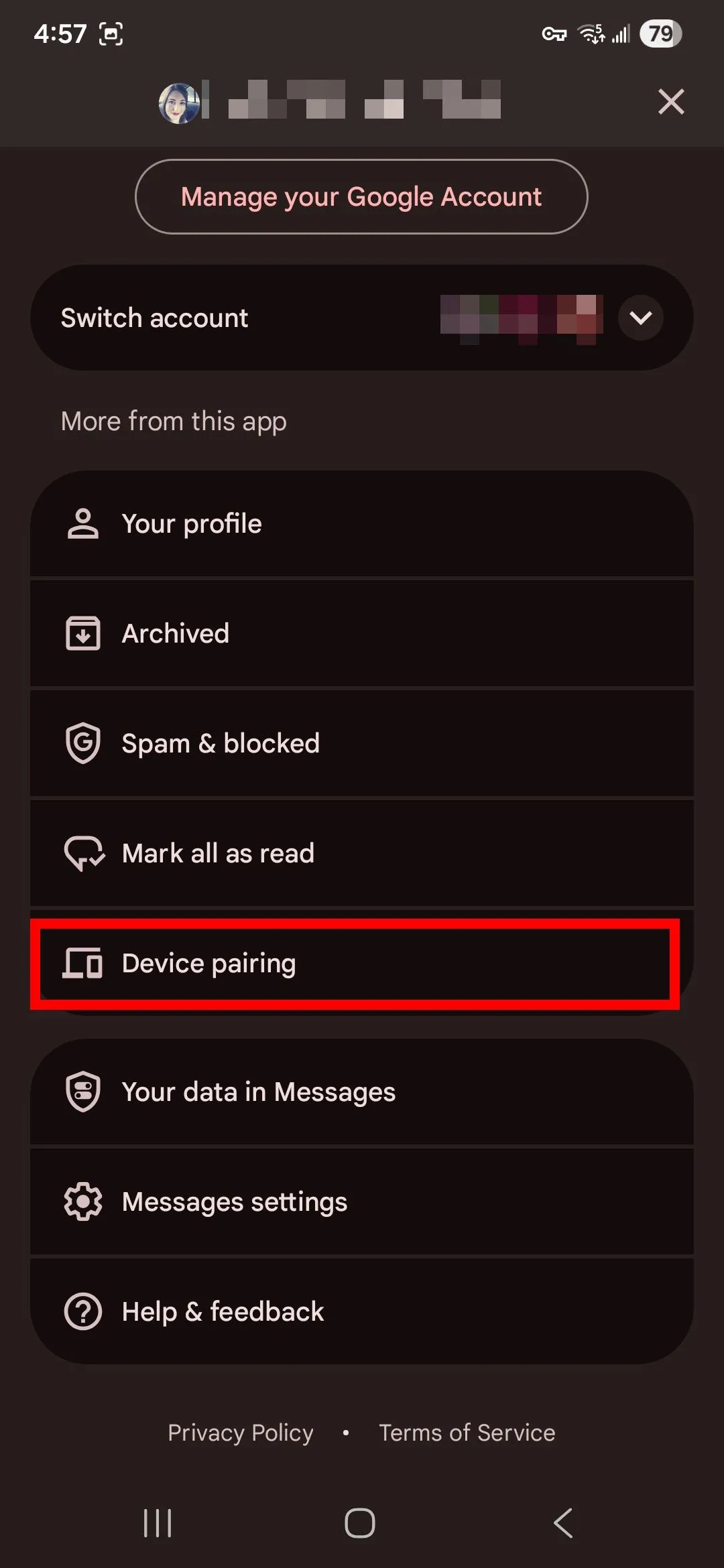 Menu profile trong Google Messages trên điện thoại, chọn Device pairing để bắt đầu ghép nối thiết bị