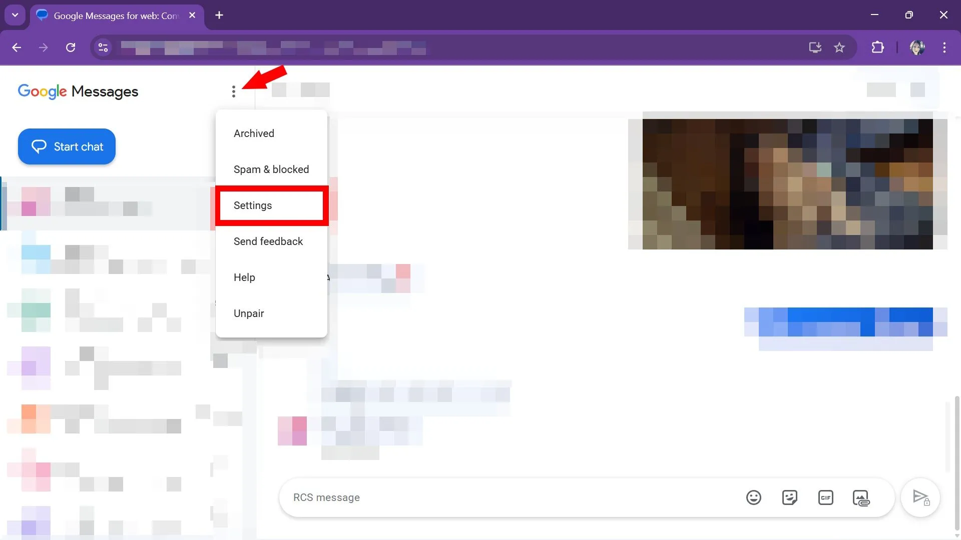 Menu Settings trên Google Messages web cho phép chọn chủ đề giao diện và cài đặt thông báo