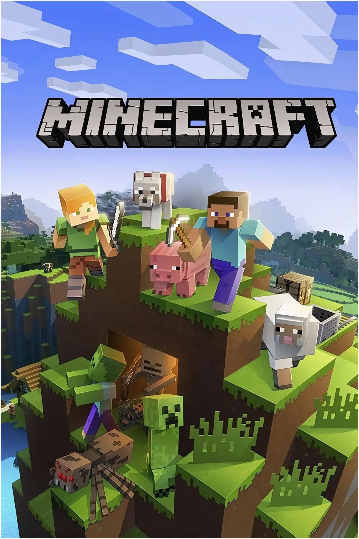 Minecraft cover art với khung cảnh thế giới khối vuông và nhân vật đi khám phá