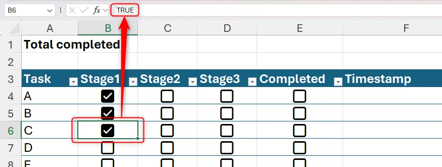 Một ô chứa checkbox được đánh dấu và hiện TRUE trên thanh công thức