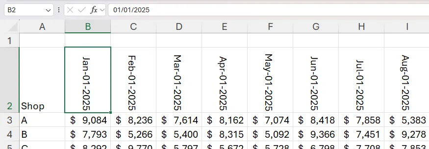 Một ô ngày đã được dán giá trị tĩnh, thanh công thức hiển thị giá trị thay vì công thức.