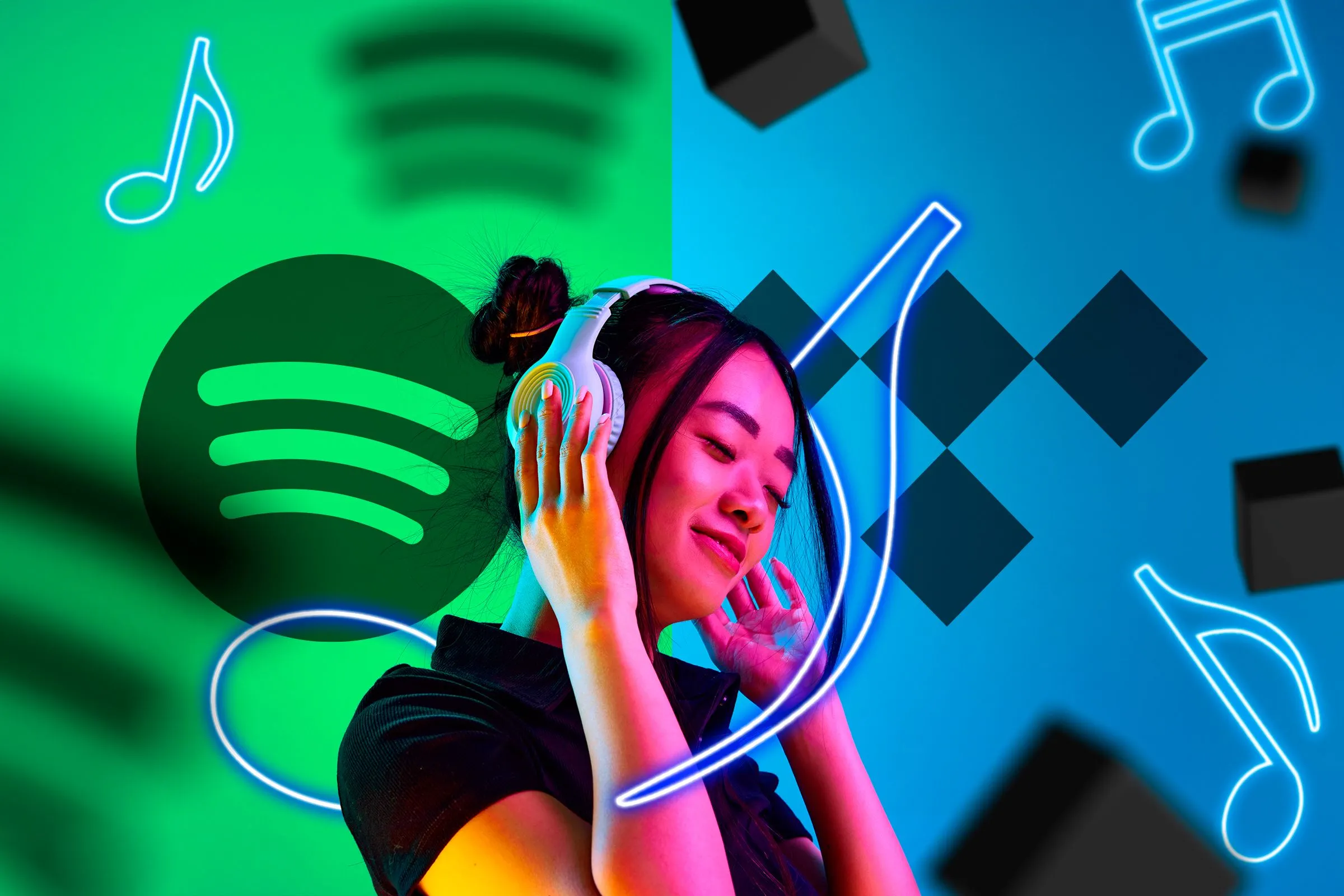 Người nghe với tai nghe, biểu tượng Spotify và Tidal minh họa so sánh chất lượng âm thanh giữa các dịch vụ