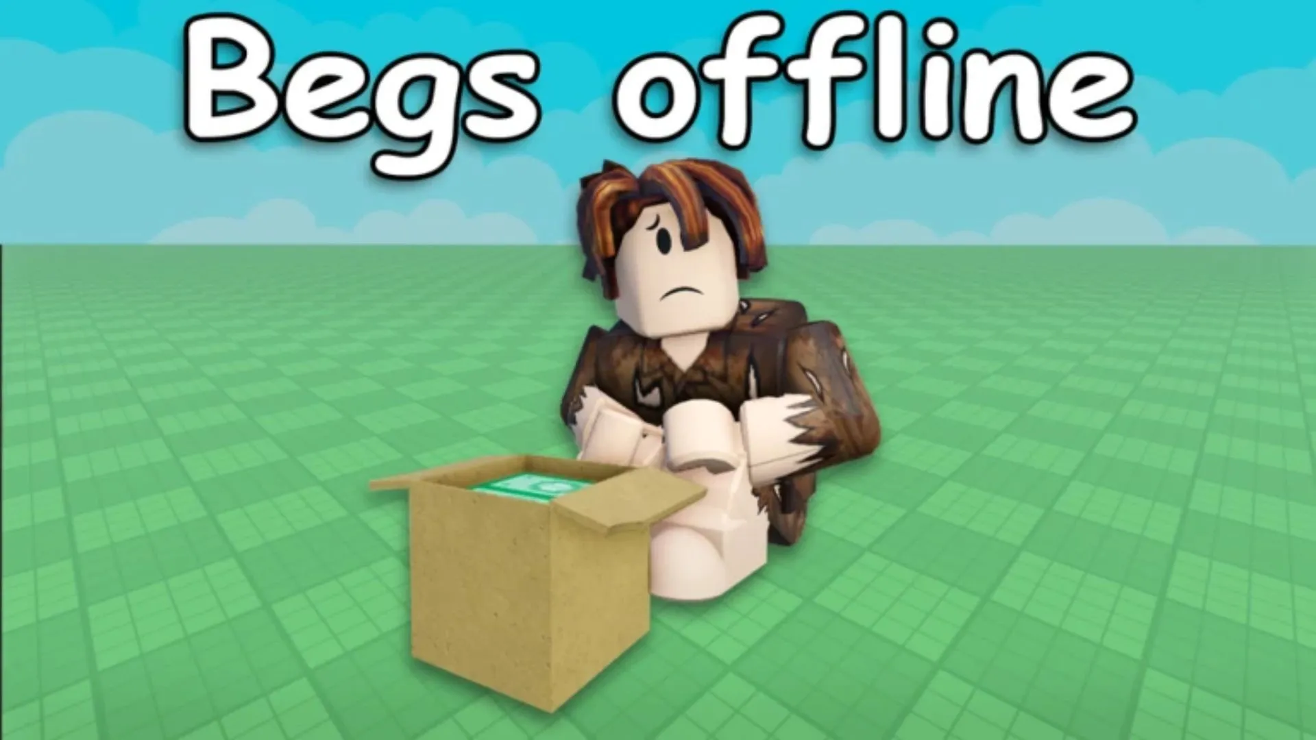 Nhân vật Be a Beggar với biểu tượng trò chơi Roblox, gợi ý theo dõi trang dev để nhận code mới
