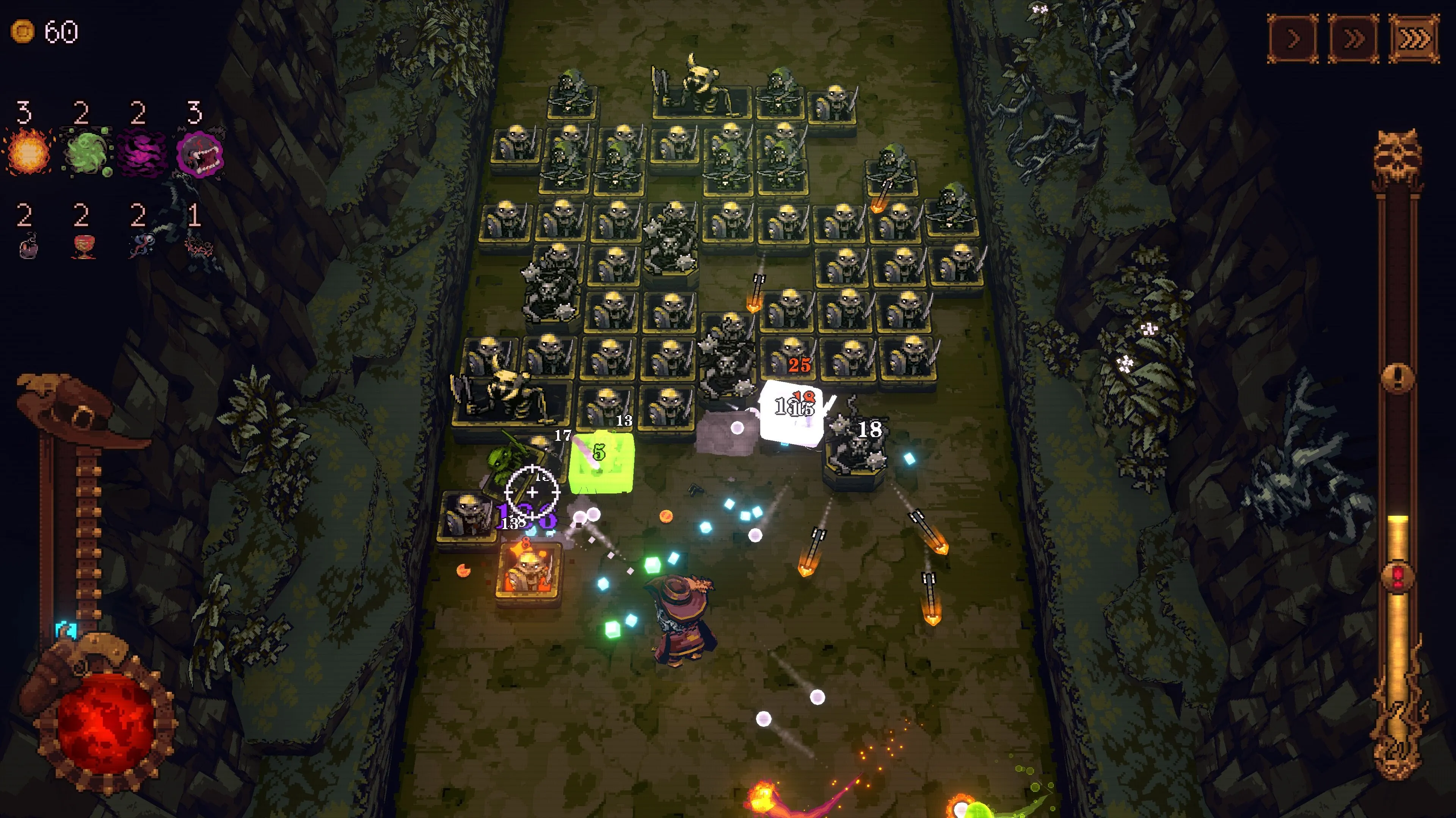 Nhân vật The Achyfinger chiến đấu trong màn Bone X Yard của Ball x Pit trên Switch 2