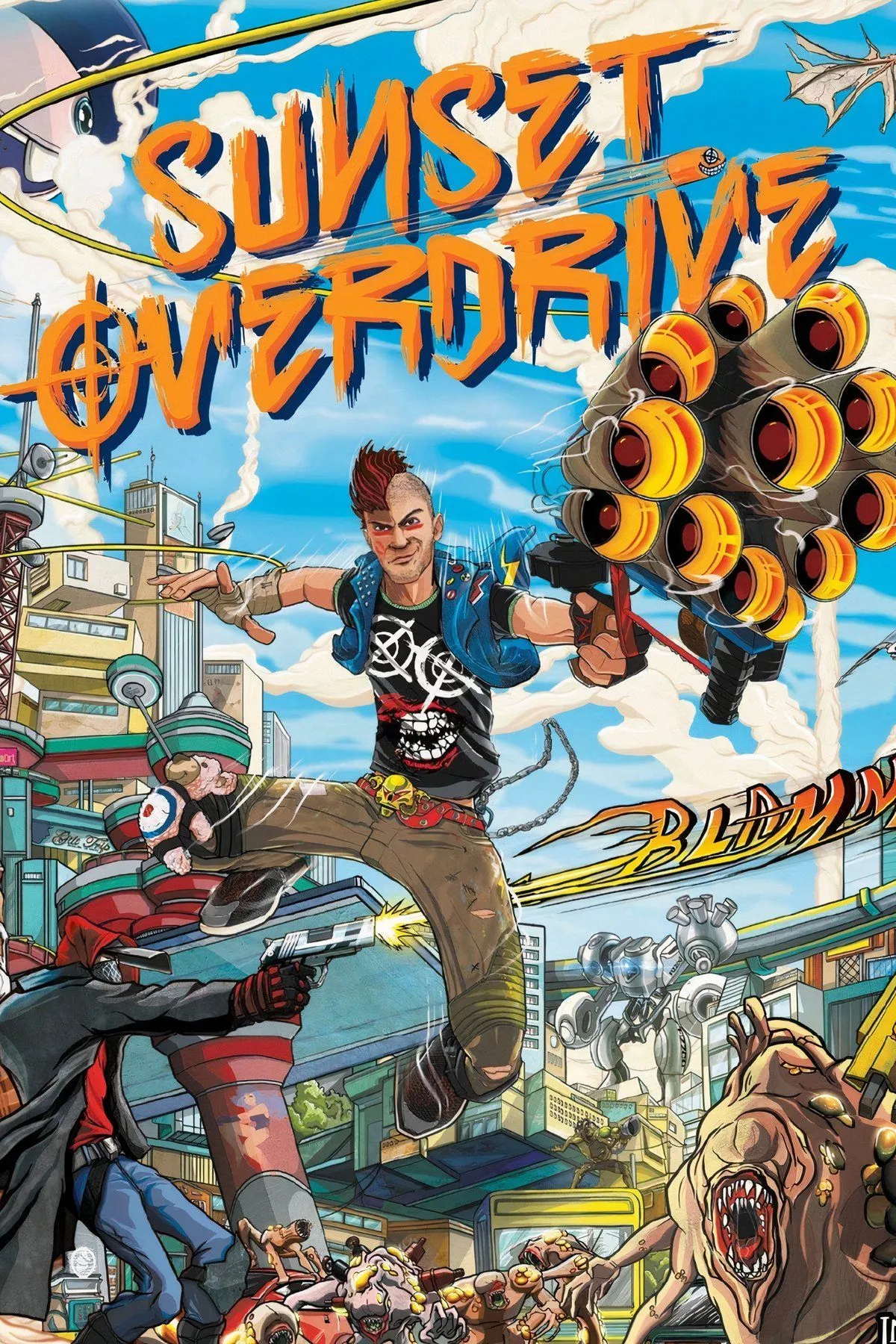 Nhân vật trong Sunset Overdrive grind trên đường dây điện, di chuyển mạch lạc trong thành phố hỗn loạn
