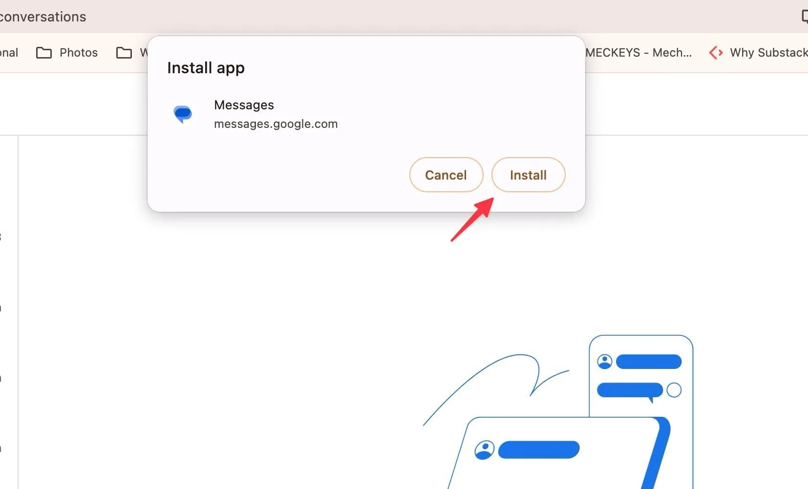 Nút Install trong cửa sổ xác nhận cài đặt Google Messages web app trên Chrome