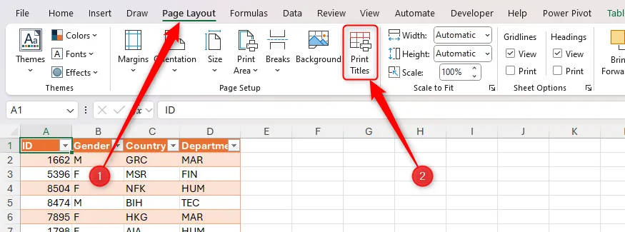Nút Print Titles trong tab Page Layout của Excel giúp lặp tiêu đề khi in.