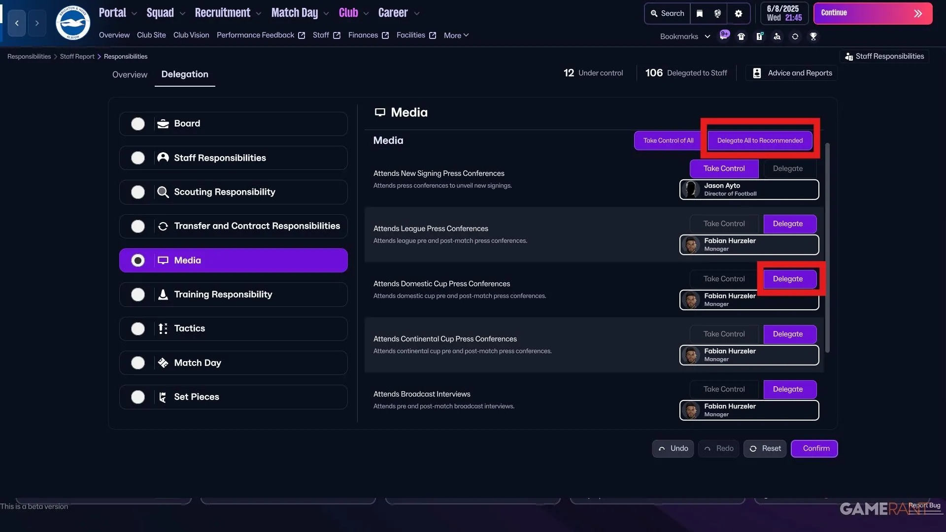 Phân quyền nhiệm vụ truyền thông trong FM26, ví dụ ủy quyền media cho nhân viên phù hợp