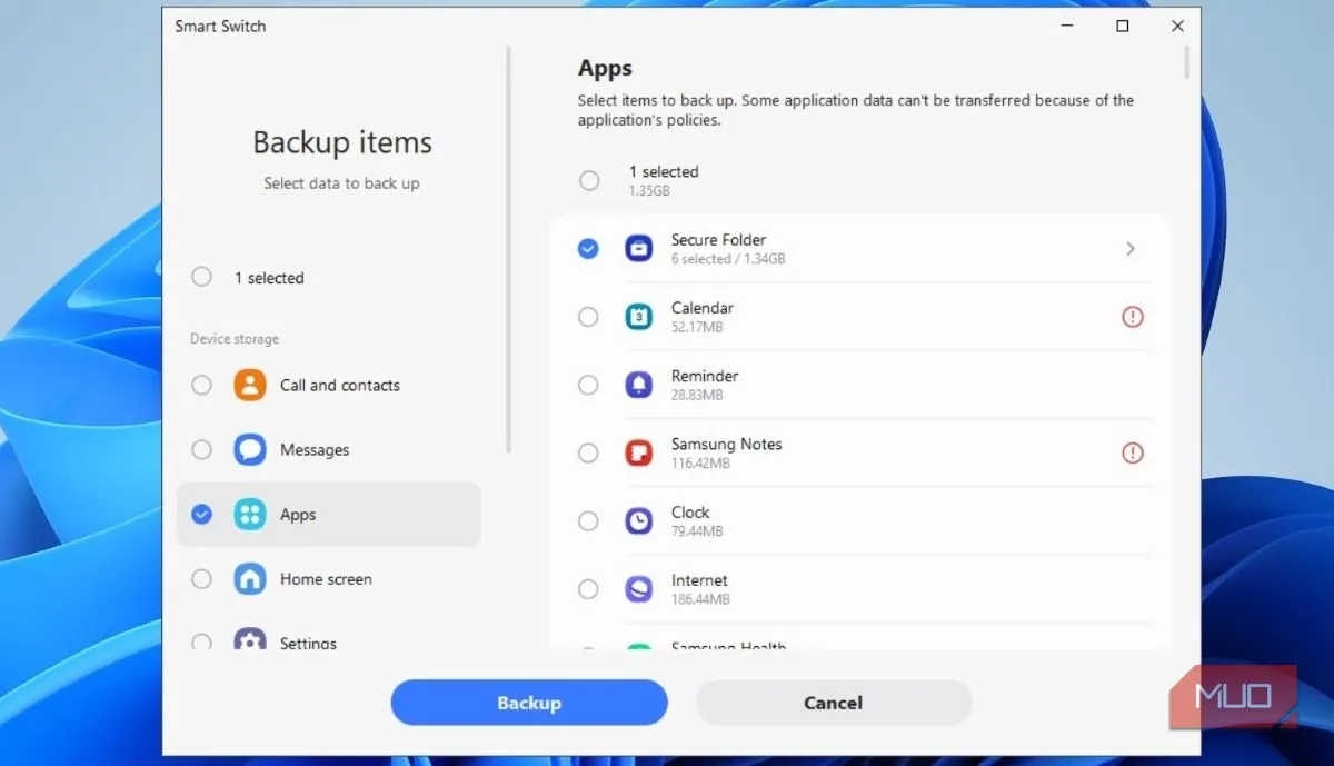 Sao lưu Secure Folder bằng Smart Switch trên PC, giao diện quá trình backup hiển thị tiến trình