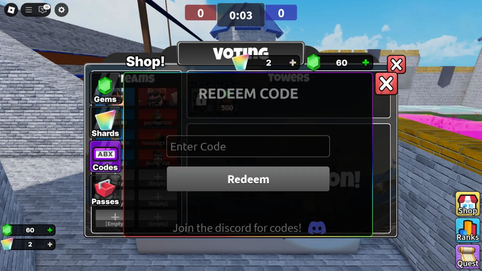 Tab nhập mã trong Clashers Royale trên Roblox, hướng dẫn vị trí Codes trong Shop