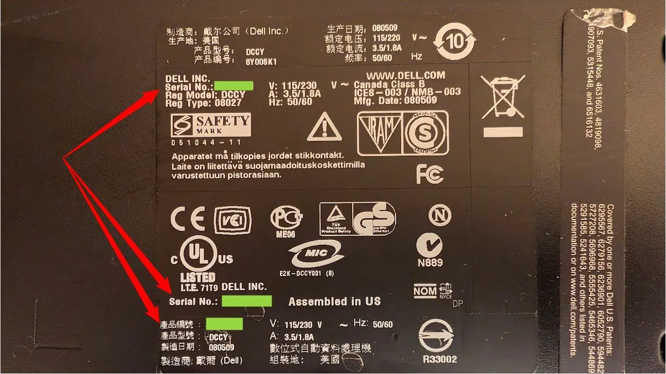 Tem số serial trên đáy laptop Dell cũ - vị trí số serial máy tính trên vỏ máy