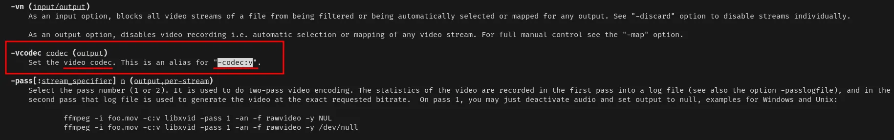 Terminal hiển thị man page FFmpeg với phần codec được làm nổi bật, giải thích chữ 'v' là viết tắt của video
