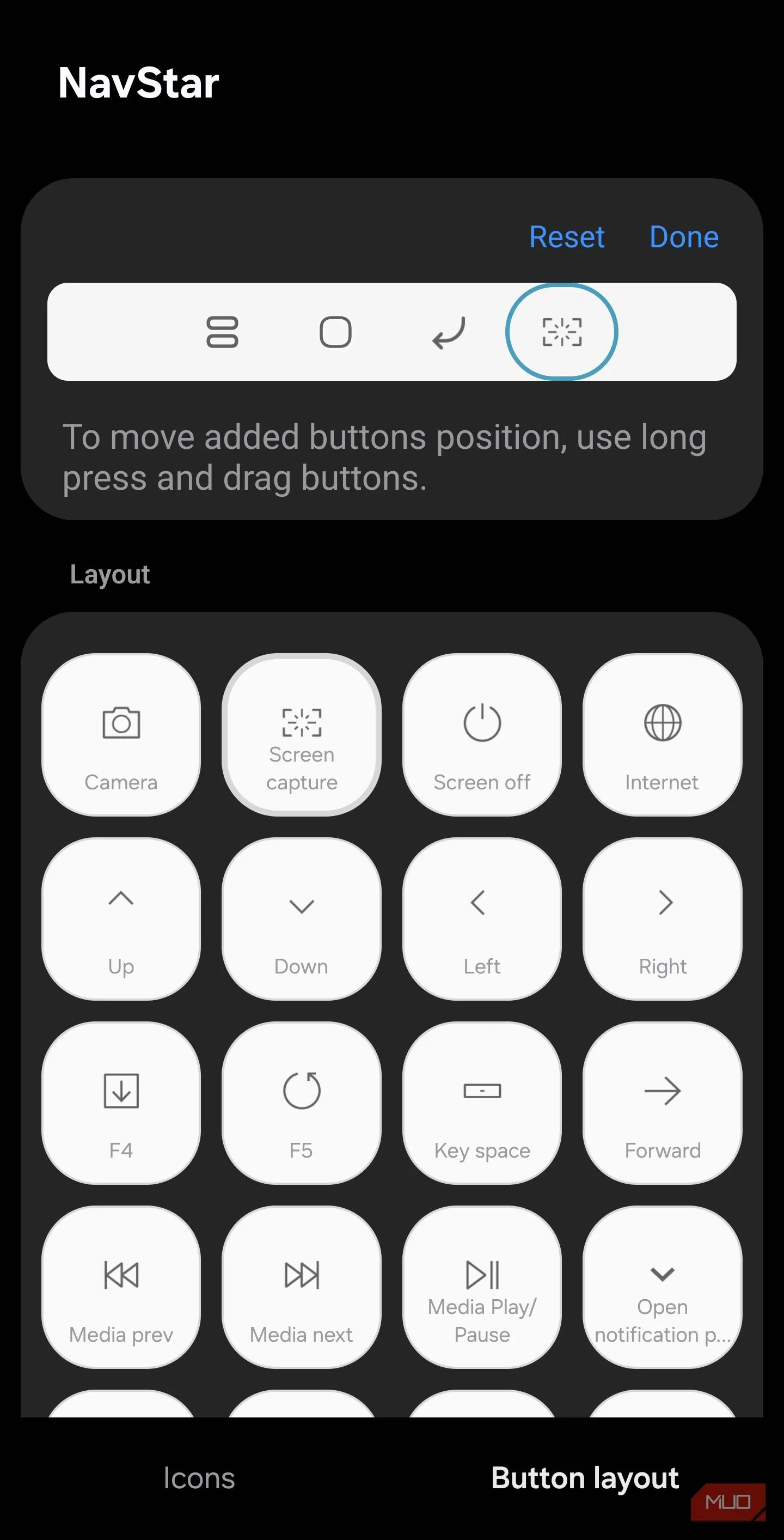 Thiết lập bố cục nút NavStar chọn Screen capture