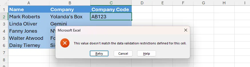 Thông báo lỗi validation xuất hiện khi mã nhập không đúng định dạng, giúp giữ dữ liệu guild sạch sẽ.