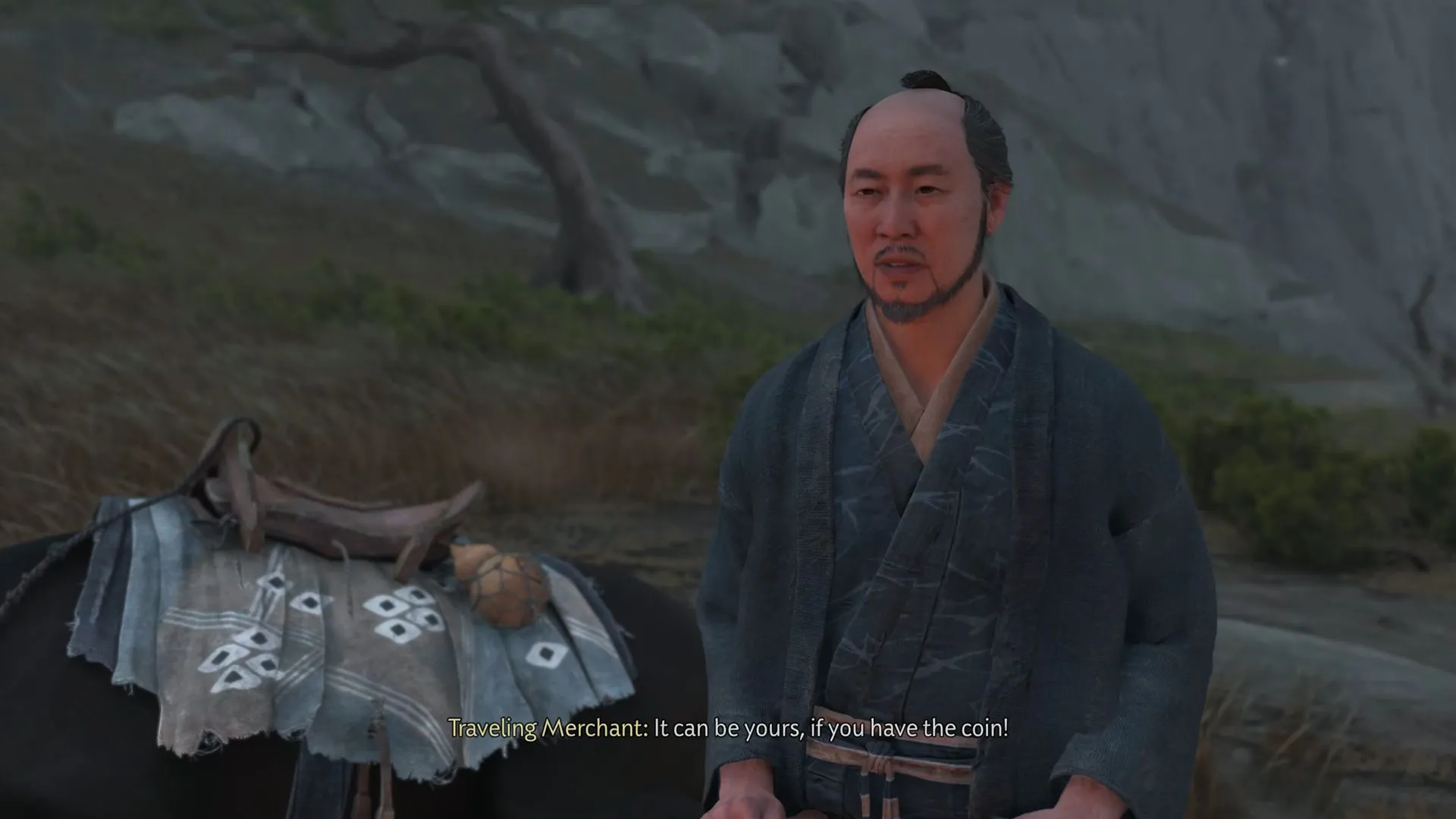 Thương nhân du hành xuất hiện ở trại, nơi có thể mua Mặt Nạ Hai Mặt với giá mon trong Ghost of Yotei