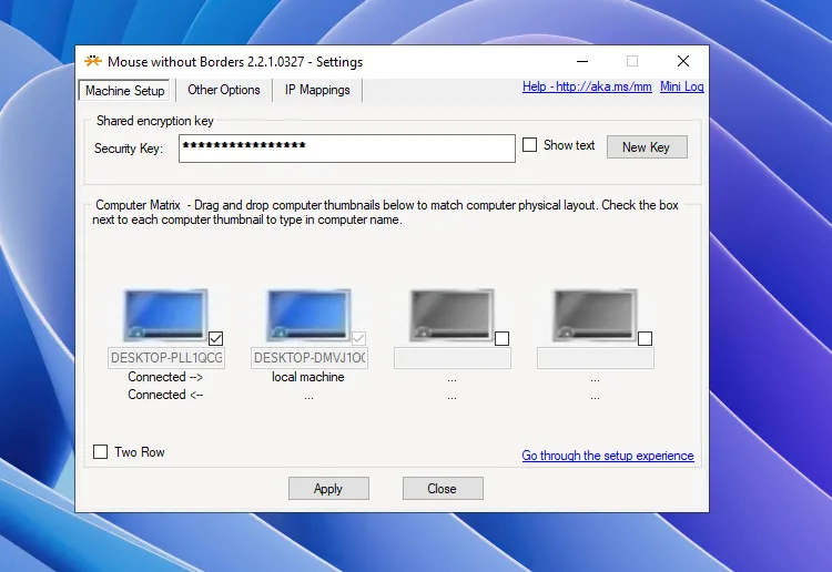 Tùy chọn cấu hình và hiển thị chính của Mouse Without Borders sau khi kết nối