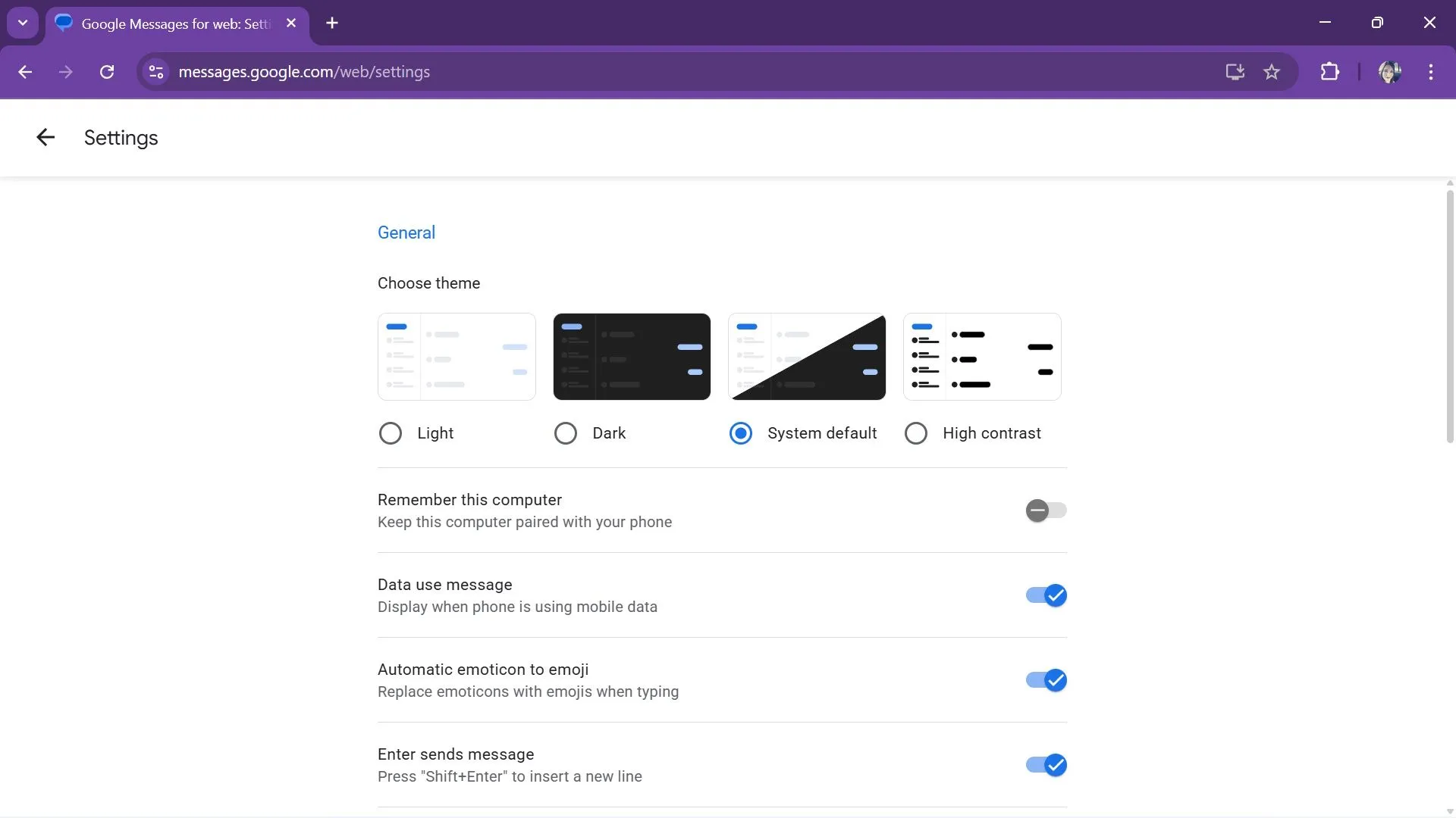 Tùy chọn chủ đề Light, Dark, System Default trong cài đặt Google Messages web