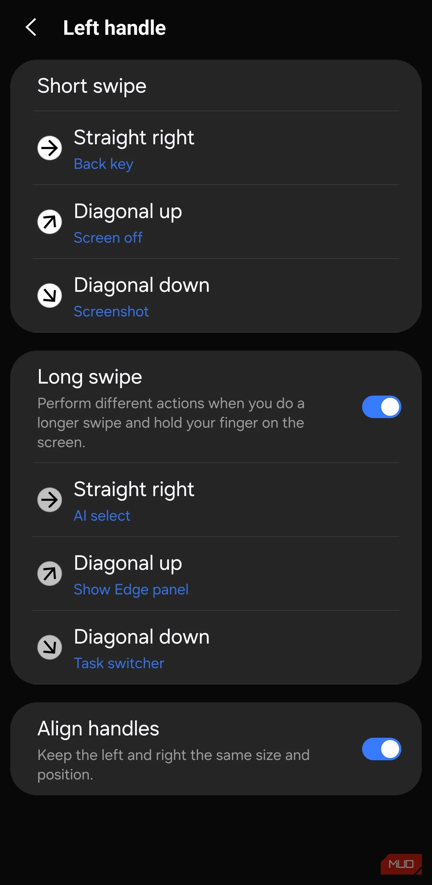 Tùy chọn cử chỉ tay trái trong One Hand Operation+ cho hành động chụp màn hình