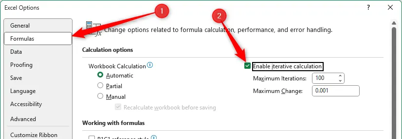 Tùy chọn Enable Iterative Calculations trong Excel được bật để cho phép công thức tạo timestamp tĩnh
