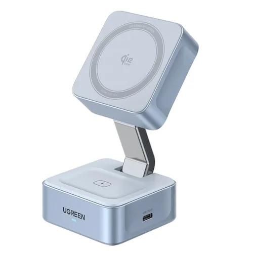 Ugreen MagFlow 2-in-1 hiển thị giao diện sản phẩm chính, phù hợp với iPhone và AirPods, đế sạc magnetic Qi2 25W nhỏ gọn.