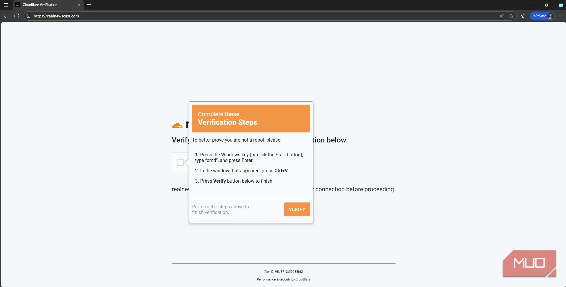 Ví dụ CAPTCHA giả mạo mô phỏng Cloudflare yêu cầu dán lệnh để xác thực, một thủ đoạn lừa đảo nguy hiểm