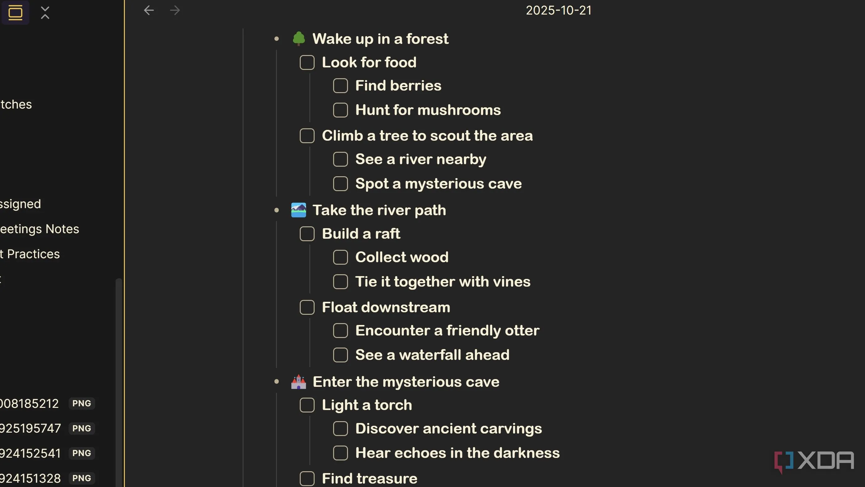Ví dụ ghi chú kiểu chuyến đi với định dạng danh sách của Outliner
