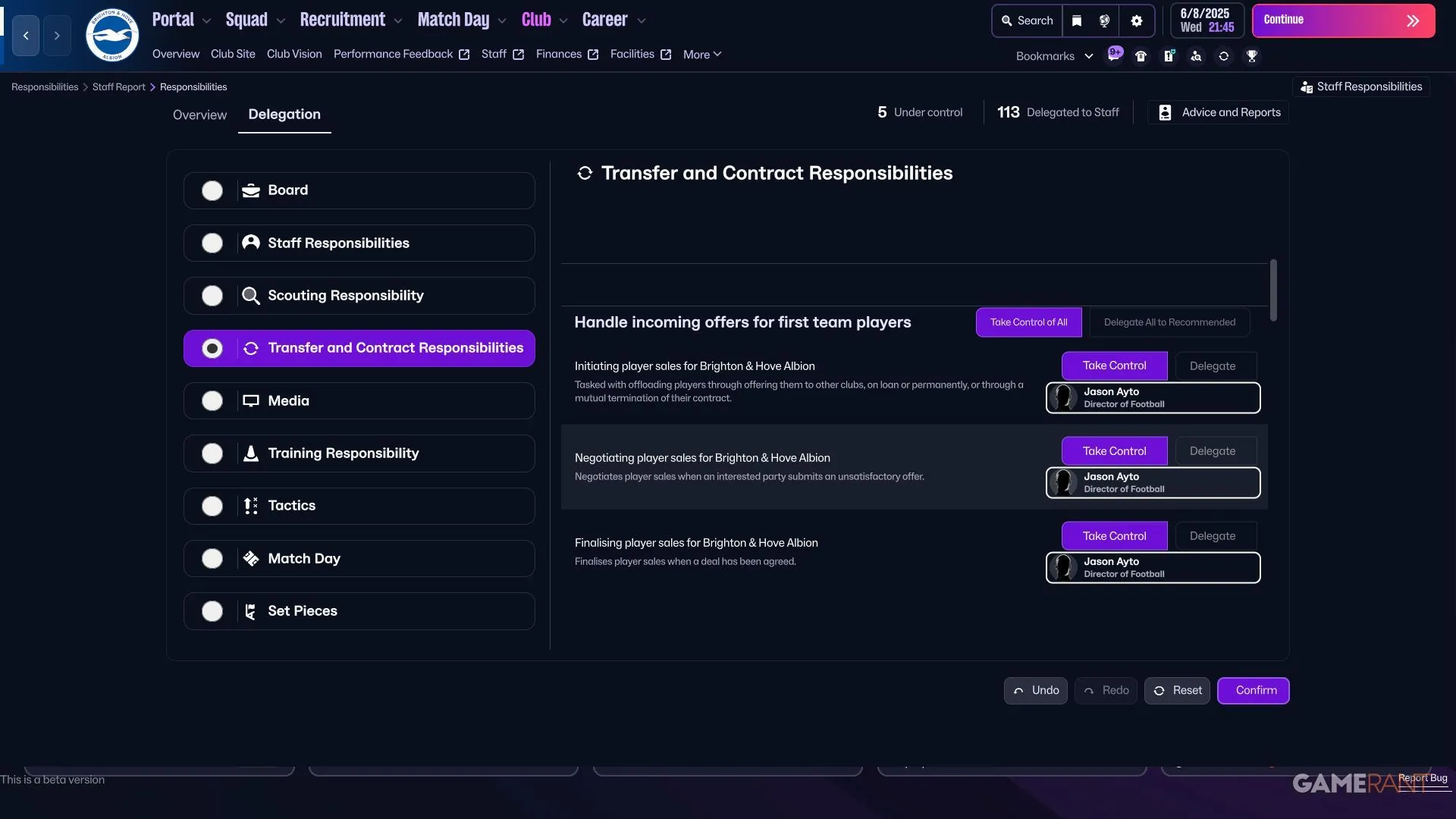 Ví dụ phân quyền chuyển nhượng trong FM26, lựa chọn giao nhiệm vụ Transfer cho DoF hoặc Head of Recruitment